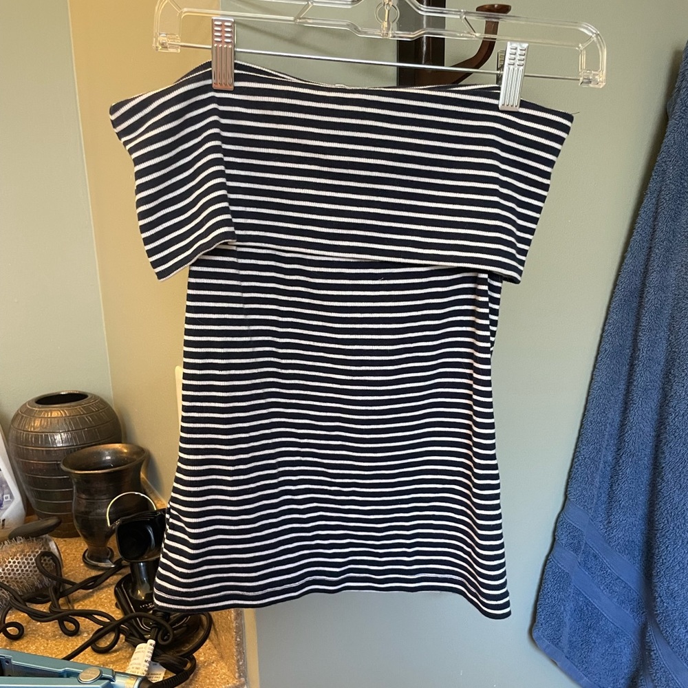 Loft Off the Shoulder Navy and White Striped Form Fitting Top